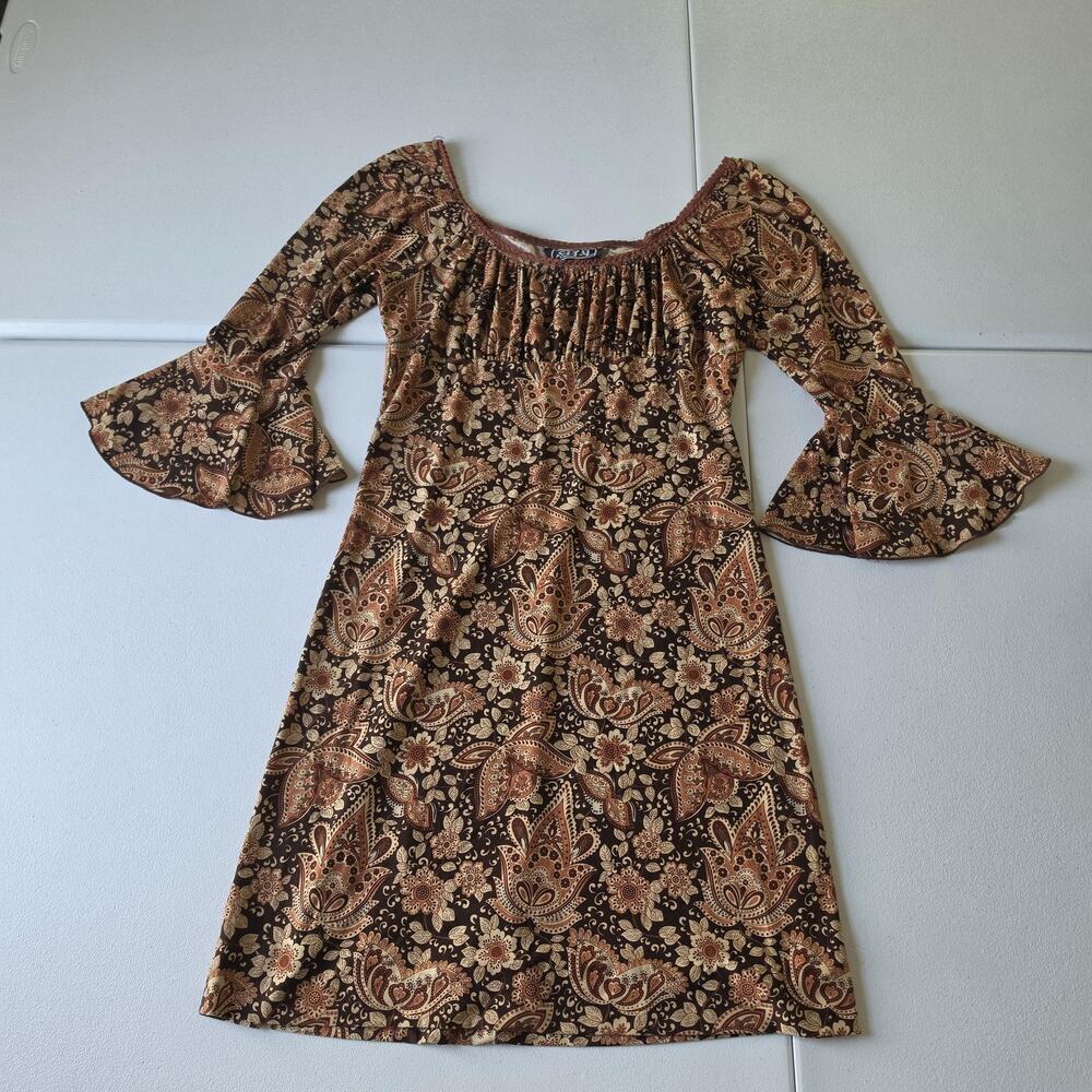 90s City Triangles Dress Medium Brown Paisley Smocked Bell Sleeve Swing Boho